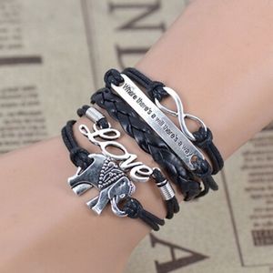 Elephant Infinity Charm Black Leather Bracelet